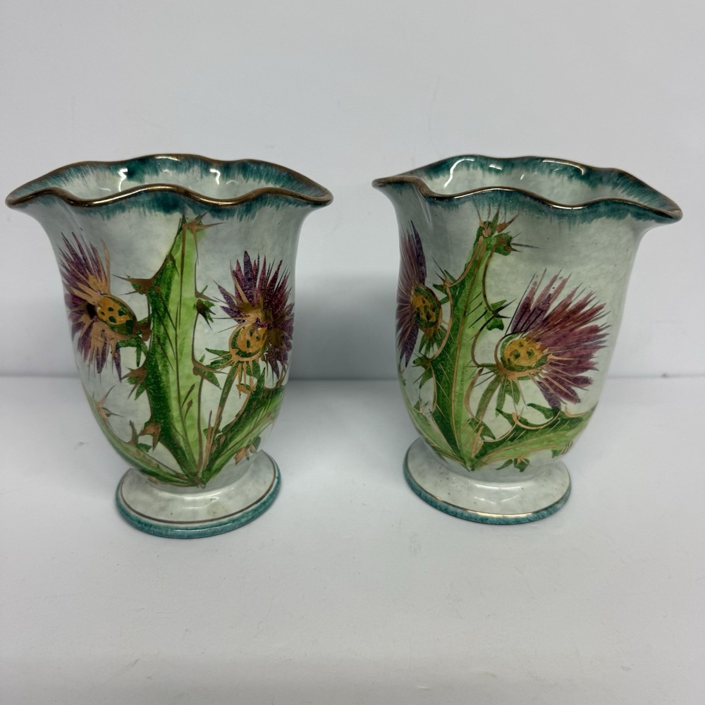 Set Of Italian Vases Hand‎ Painted Thistle Aqua Purple Green w/Gold Trim Ruffle